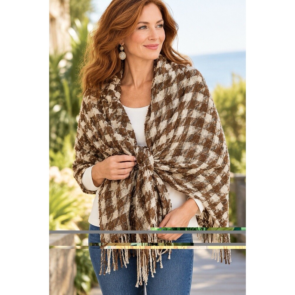 Marcus Adler Scarf Shawl Oversized 26”x72” Houndstooth Brown Cream Silver
